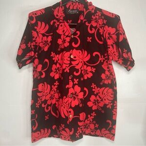 Favant Hawaiian Shirt Mens Medium Red Black Hibiscus Floral Print 100% Cotton